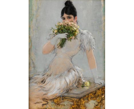 Jan Marie Constantin van Beers, 1852 Lier – 1927 Fay-aux-LogesPORTRAIT EINER JUNGEN FRAU MIT EINEM KLEINEN ROSENSTRAUCH IN IH