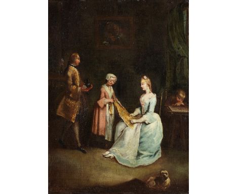 Maestro dei Riflessi, 18. JahrhundertDAME BEI BEGUTACHTUNG EINES STICKTUCHESÖl auf Leinwand.72 x 55,5 cm.Gerahmt.Beigegeben e