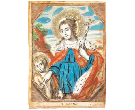 Northern European school of the 18th century."Saint Ioanna".Burin engraving illuminated by hand on vellum.Measurements: 17 x 
