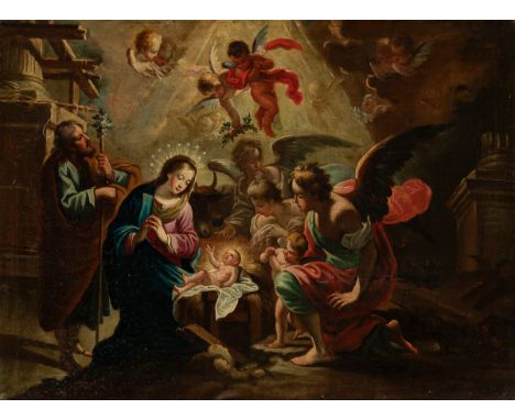 Andalusian school of the first half of the 18th century."Nativity".Oil on canvas. With its original canvas.Frame from the 18t