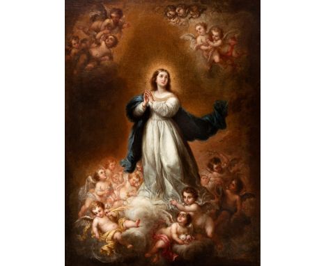 Sevillian school, 18th century."Immaculate surrounded by angels".Oil on canvas.Cracked in the painting.Frame with slight chip