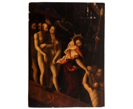 School of ALBERTO DURERO (Nuremberg, 1471-1528), 16th century."Christ in Limbo, 1510.Oil on panel.It shows faults and damage 