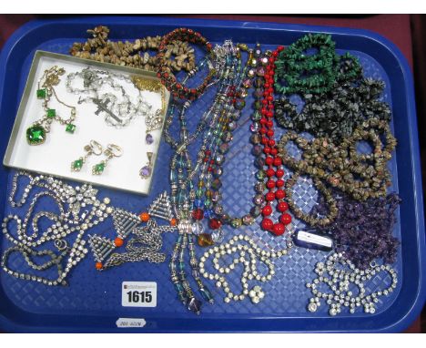 Vintage and Later Costume Bead Necklaces, a decorative gilt necklace; allover claw set highlights, with matching drop earring