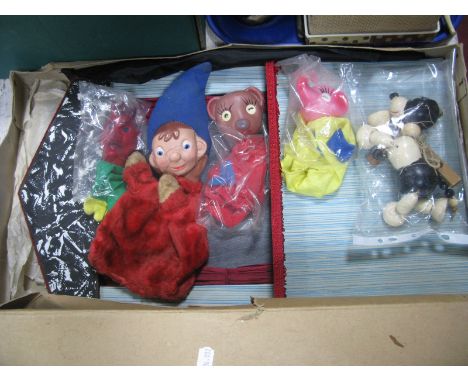 A Mid XX Century Children's Theatre, boxed, four hand puppets and Pelham puppet dog. 