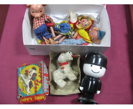 Pelham Puppet Pig, Andy Pandy?, Eastern European Lady, Homepride figure, plaything puppy shoe in box.