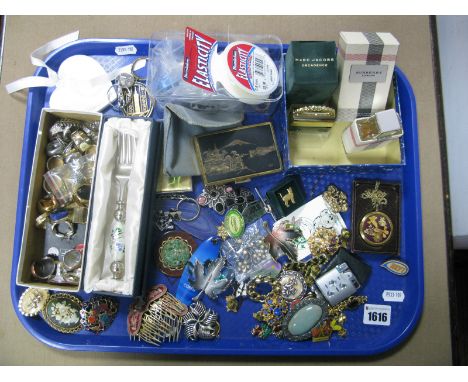 A Mixed Lot of Assorted Costume Brooches, including "Ruskin" style ceramic panel etc,. Enamel pins, a musical compact, a pill