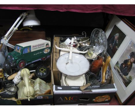 Telephones, angle poise lamp, bowls, scales, mincers etc:- Two Boxes, and a print of Queen Victoria.