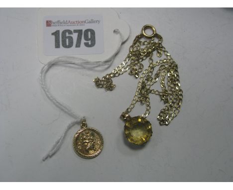 A Single Stone Pendant, on a chain stamped "375"; a St Christopher pendant.