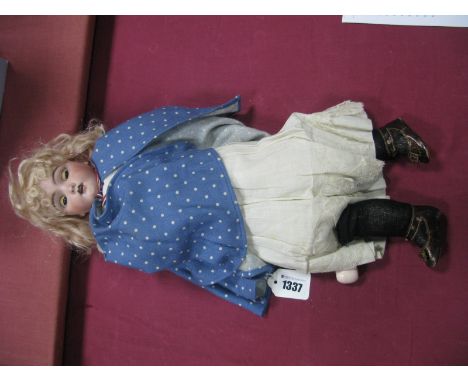 An Early Mid XX Century Bisque Headed Doll, stamped 'Handwerck, Germany', sleeping eyes, open mouth with teeth, jointed compo