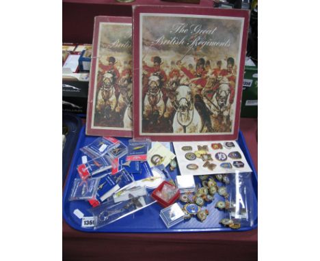 RAF Lapel Badges, Airbourne chest enamel badges, key rings, British Regiment badges (Texaco sets):- One Tray