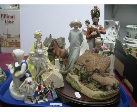 Lilliput Models, 'Periwinkle Cottage' and 'Junk and Disorderly' (on plinths), Royal Worcester 'Grandmothers Dress' 3081 figur