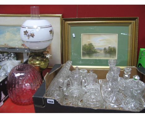 A 1930's Pressed Clear Glass Trinket Sets:- One Box. Oil lamp converted to electric and spare shade.