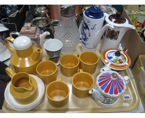 Sadler Tea Pots, pressed glass claret jug, Midwinter tea service, Crown Devon coffee pot:- One Tray.