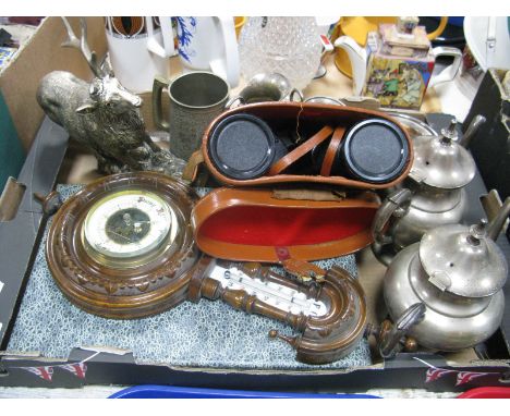 Plated Four Piece Tea Service, Zenith 10 x 50 field glasses in case, cutlery, barometer etc:- One Box.
