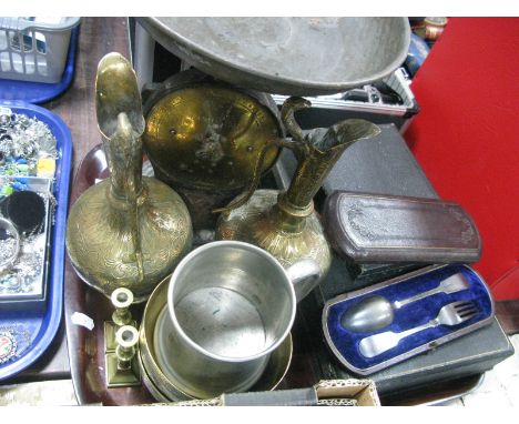 Salters Family Scale, Beneres brass ewers and bowls, cased cutlery, tankard, candlesticks.:- One Tray.