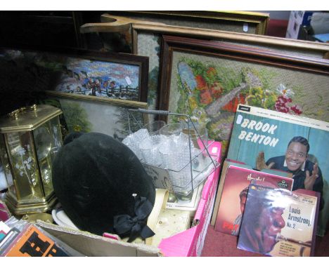 Riding Hat, mantel clock, Christmas decoration wool work pictures, jewellery box, records, etc:- Two Boxes and pictures.