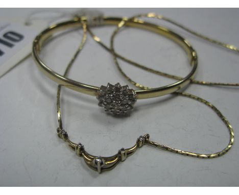 A 9ct Gold Bangle, with later added cluster detail, claw set throughout with brilliant cut diamonds; A ladies necklace, with 