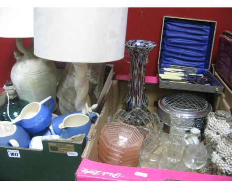 Green Glass Table Lamp, pottery jug, table lamps:- One Box