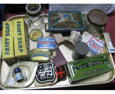 Advertising Items, including Rowntree tins, Fairy Soap (2), enamel Art Deco ashtray for Harper Housewares etc:- One Tray