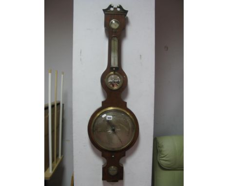 A XIX Century Rosewood Banjo Barometer by Beha of Nottingham, having dry/damp gauge, thermometer, Butlers mirror, silvered di