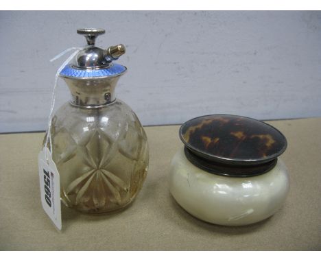 A Hallmarked Silver and Enamel Topped Scent Bottle, together with a hallmarked silver lidded trinket pot. (2)