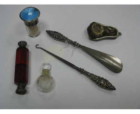 A Hallmarked Silver Handled Button Hook and Shoe Horn, a ruby glass double ended scent bottle, a glass bottle in purse case e