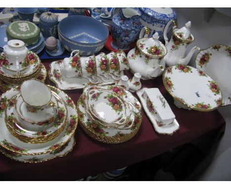 Royal Albert 'Old Country Roses' Tea and Coffee Ware, comprising; Tea pot, coffee pot, milk jug, sugar basin, cake comport, t