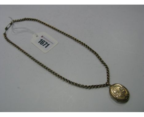 A Decorative Oval Locket Pendant, allover decorated engraving, on chain (lacking claps), containing a picture of a gentleman.
