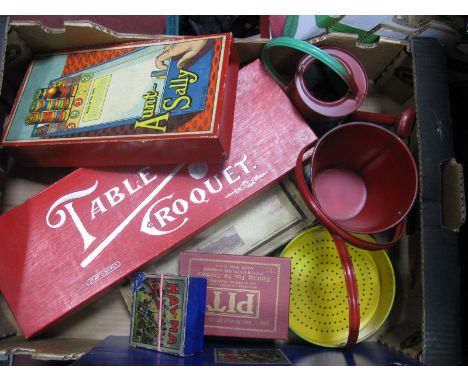 Vintage Toy and Board Games, including a tinplate seaside bucket, a tinplate watering can, tinplate sieve, boxed table croque