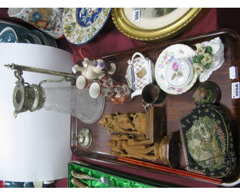 An Etched Glass Claret Jug with Loose Plated Lid, French purse, Satsuma miniature vases, cloisonne napkin ring, carved hardwo