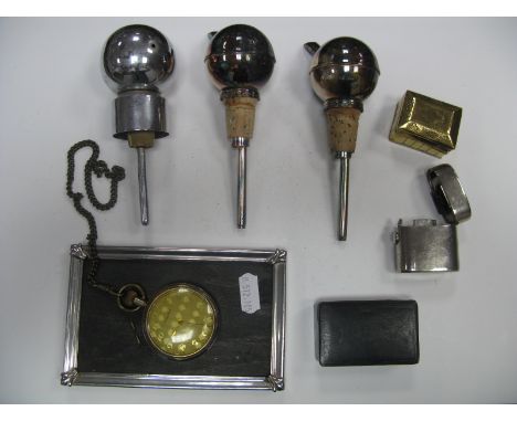 XIX Century Snuff Box, spirit pourers, an openface pocketwatch, ink bottle, photograph frame etc.