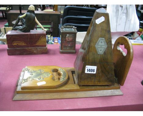 Betjeman's Oak Extending Book Trough, with gilt metal mounts, to domed fall ends, patent 21419, 31cm long, Maelzel Metronome.