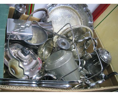 Plated and Engraved Salver, plated candelabra, plated part tea service, boxed fish knife, forks etc:- One Box