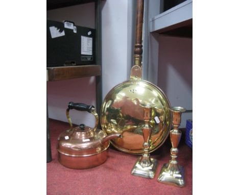 A XIX Century Copper Warming Pan, pair of XIX Century brass candlestick, copper kettle. (4)