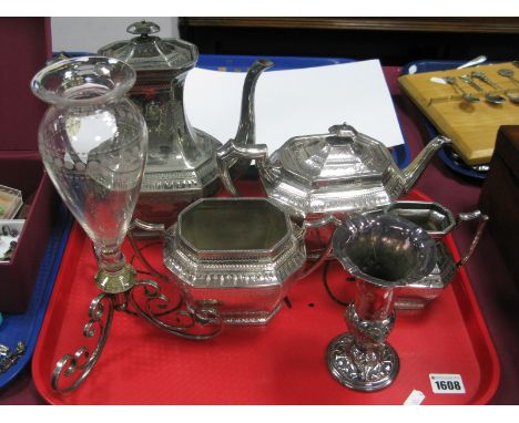 John Rodgers Four Piece Plated Tea Service, glass etched Epergne on plated scroll stand, bulbous vase.