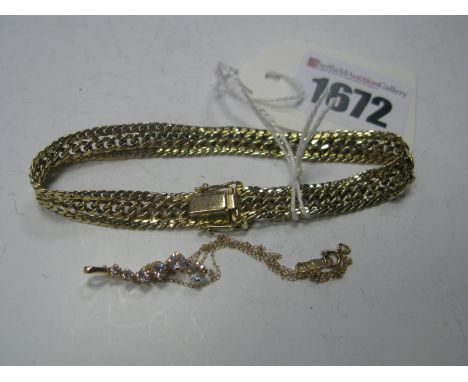 A Three Row Curb Link Bracelet, of uniform design, to snap clasp stamped "9ct" "375"; a pendant on chain.