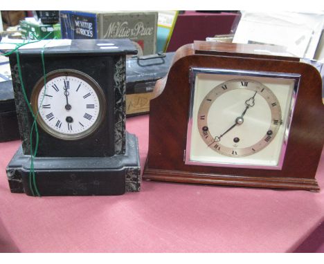 A 1920's Elliot London Mahogany Cased Mantel Clock, with a silver chapter ring, Roman numerals, together with a XIX Century b