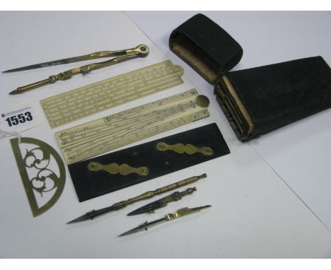 A XIX Century Brass Geometry Set, with fitted shagreen case, including two ivory rules, decorative protractor etc, case 18cm 