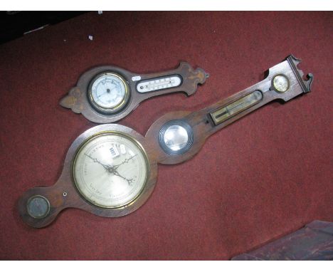 A XIX Century Rosewood Banjo Barometer, having dry/damp gauges, thermometer, Butlers mirror, silvered dial and lower level, a