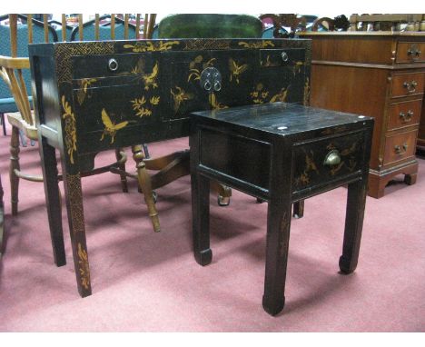 A Chinese Style Ebonised Side Cabinet, with cupboard doors, two small drawers decorated with butterflies, together with a Chi