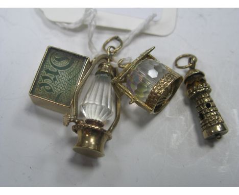 9ct Gold Novelty Charm Pendants, a lighthouse, wishing well, oil lamp, Emergency One Pound note. (4)