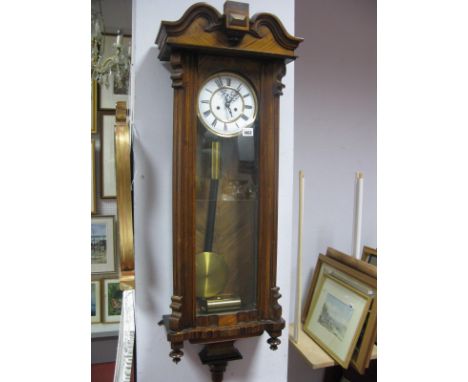 A XIX Century Walnut Cased Viennese Wall Clock, with enamelled dial, subsidiary dial, eight day movement, approximately 113cm