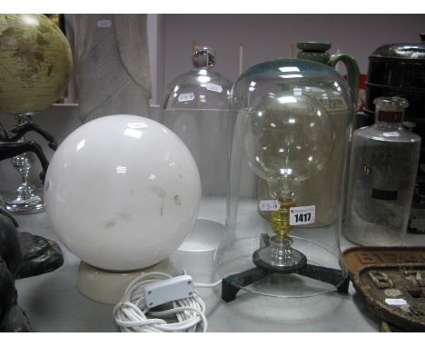 A Vintage Opaque Glass Ceiling Globe Light Fitting, and a desk table cloche glass ball lamp, together with a tall domed glass