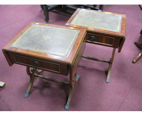 A Pair of Yew Wood Lamp/Sofa Tables, with single drawers lyre supports. (2)