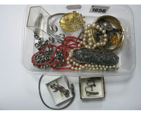 A Modernist Style Brooch, of openwork design, stamped "g.g.p K&amp;L", a XIX Century hardstone panel brooch, 'Test' vintage b