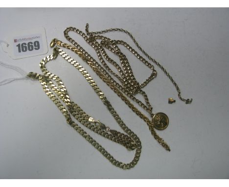 A 9ct Gold Flat Curb Link Chain, of uniform design; together with a modern bracelet, (damaged); a 9ct gold St. Christopher pe