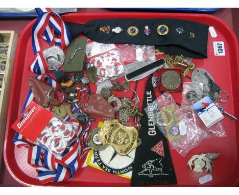 Novelty Medals, key rings, pennant, enamel badges, modelling life rings etc:- One Tray