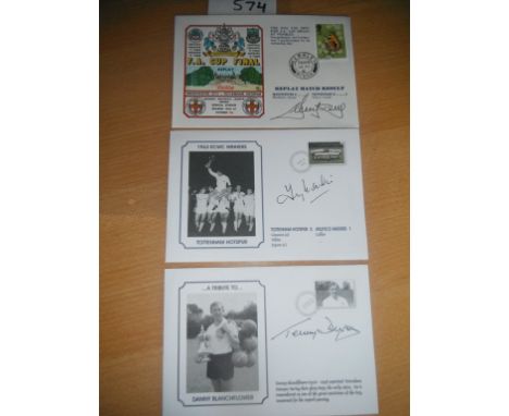 Tottenham Signed First Day Covers: Blanchflower tribute signed by Dyson, 1963 ECWC signed by Marchi and an FA Cup replay 1981