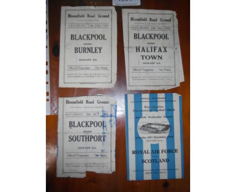 Blackpool 1944/45 Home Football Programmes: Royal Air Force v Scotland fair to good, with Southport, Halifax + Burnley War Cu