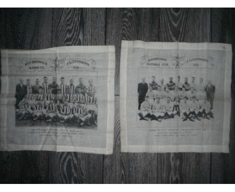 1931 FA Cup Football Handkerchiefs: Nice 15 x 15 inch Hankies depicting Birmingham and West Brom in good condition with creas